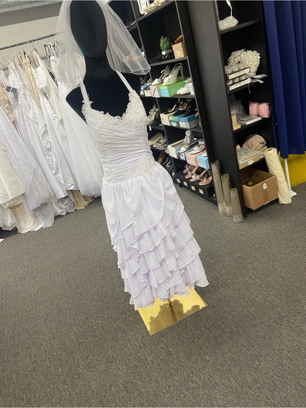 Source Unknown White Ruffled Halter Midi Wedding Dress